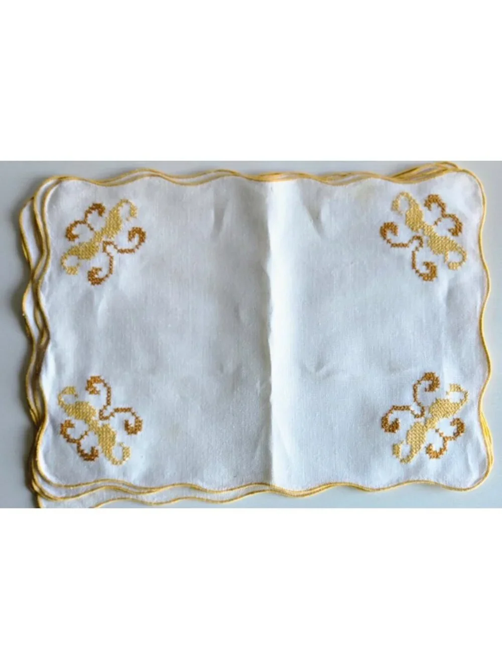 Vintage Placemats 6 & 6 Matching Napkins Ecru w/Yellow & Gold CrossStitch Design
